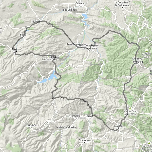 Miniatua del mapa de inspiración ciclista "La ruta épica: de Alcorisa a Morella" en Aragón, Spain. Generado por Tarmacs.app planificador de rutas ciclistas