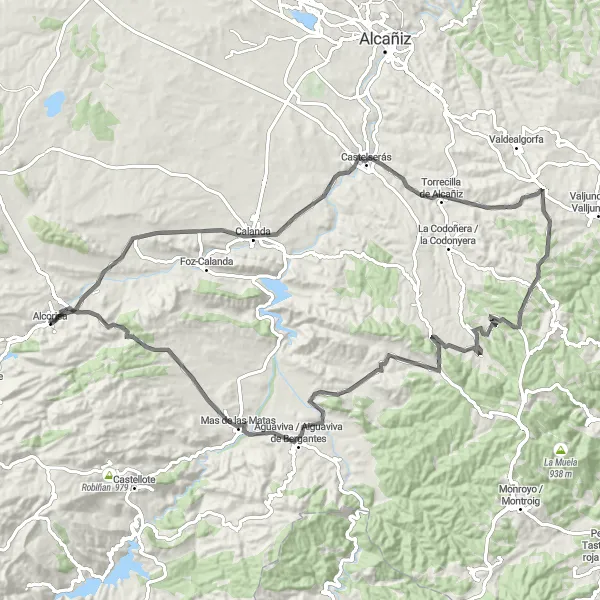 Miniatuurkaart van de fietsinspiratie "Wielrenroute door Alcorisa en omliggende dorpen" in Aragón, Spain. Gemaakt door de Tarmacs.app fietsrouteplanner