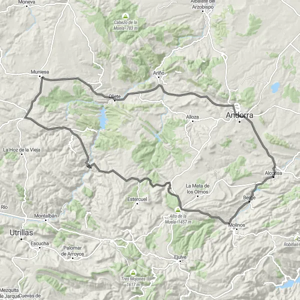 Map miniature of "Climbs and Countryside" cycling inspiration in Aragón, Spain. Generated by Tarmacs.app cycling route planner