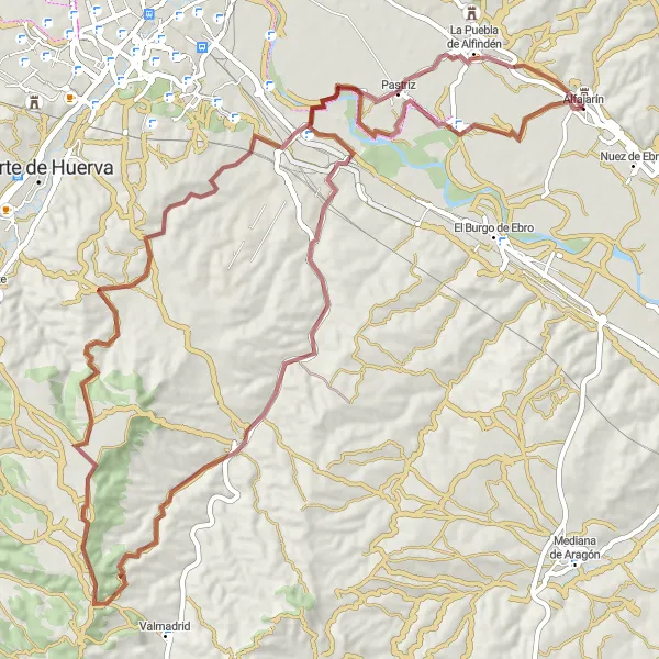 Map miniature of "Alfajarín to Cartuja Baja Gravel Ride" cycling inspiration in Aragón, Spain. Generated by Tarmacs.app cycling route planner