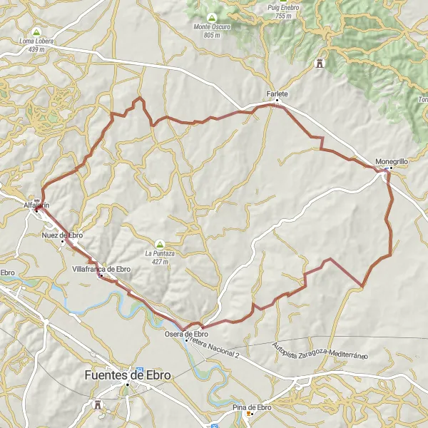 Miniatura della mappa di ispirazione al ciclismo "Gravel Ciclismo nel paesaggio di Alfajarín" nella regione di Aragón, Spain. Generata da Tarmacs.app, pianificatore di rotte ciclistiche