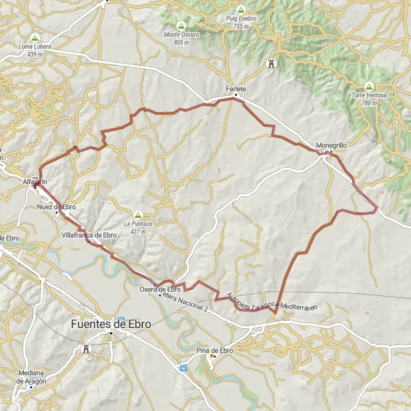 Miniaturekort af cykelinspirationen "Landdistrikt Ridning fra Alfajarín" i Aragón, Spain. Genereret af Tarmacs.app cykelruteplanlægger