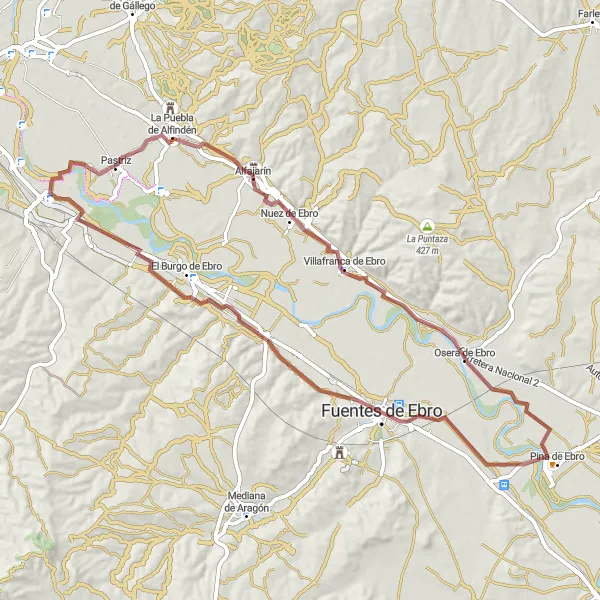 Miniatura della mappa di ispirazione al ciclismo "Rotta Campestre da Alfajarín a Toro Osborne" nella regione di Aragón, Spain. Generata da Tarmacs.app, pianificatore di rotte ciclistiche