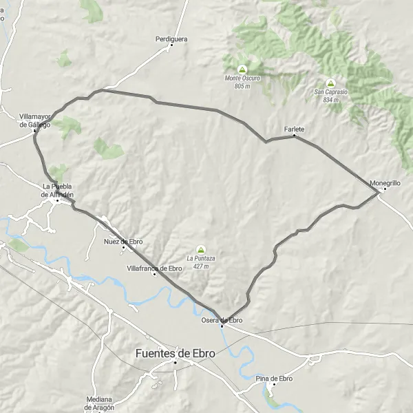 Miniaturní mapa "Puebla de Alfindèn Circuit" inspirace pro cyklisty v oblasti Aragón, Spain. Vytvořeno pomocí plánovače tras Tarmacs.app