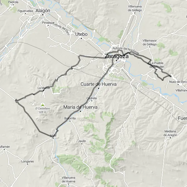 Miniatura della mappa di ispirazione al ciclismo "Giro in bicicletta attraverso la campagna intorno ad Alfajarín" nella regione di Aragón, Spain. Generata da Tarmacs.app, pianificatore di rotte ciclistiche