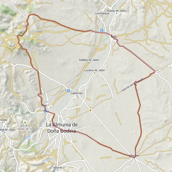 Map miniature of "Rural Escape" cycling inspiration in Aragón, Spain. Generated by Tarmacs.app cycling route planner