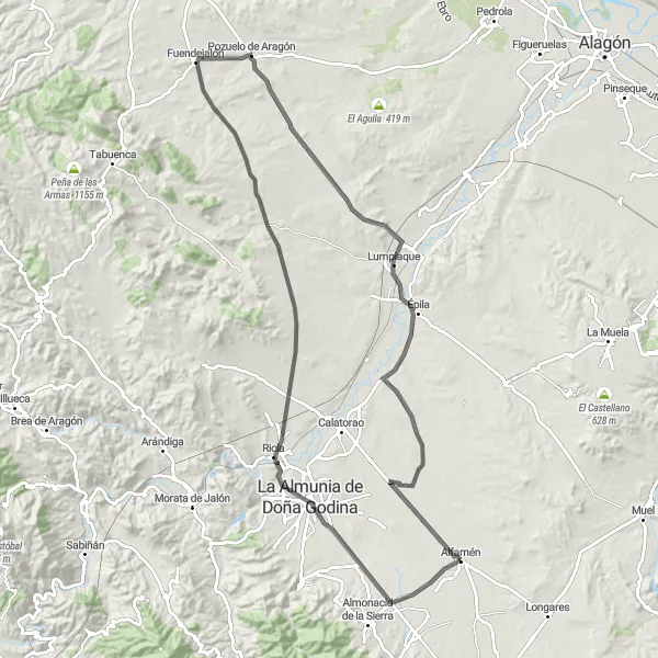 Miniatura della mappa di ispirazione al ciclismo "Gita in bicicletta di 103 km con partenza da Alfamén" nella regione di Aragón, Spain. Generata da Tarmacs.app, pianificatore di rotte ciclistiche