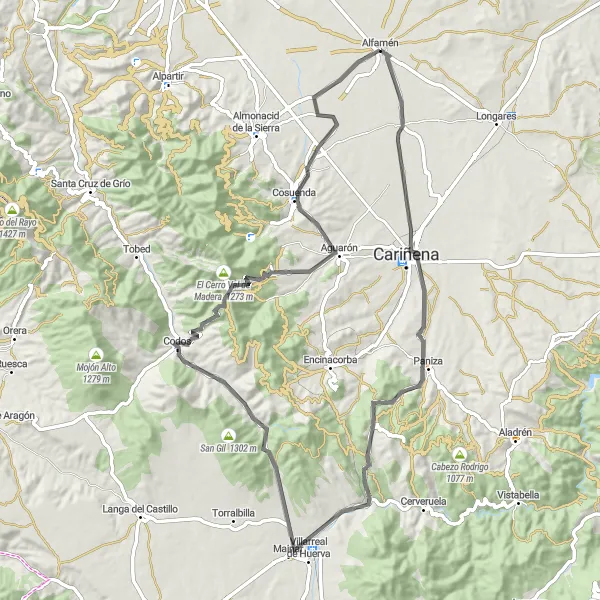 Miniature de la carte de l'inspiration cycliste "Les collines de l'Alto Jalón" dans la Aragón, Spain. Générée par le planificateur d'itinéraire cycliste Tarmacs.app