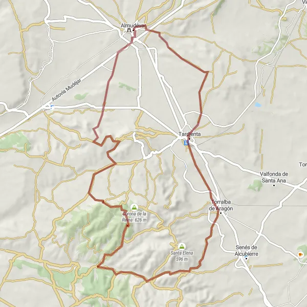 Miniature de la carte de l'inspiration cycliste "Circuit de Gravel autour d'Almudévar" dans la Aragón, Spain. Générée par le planificateur d'itinéraire cycliste Tarmacs.app