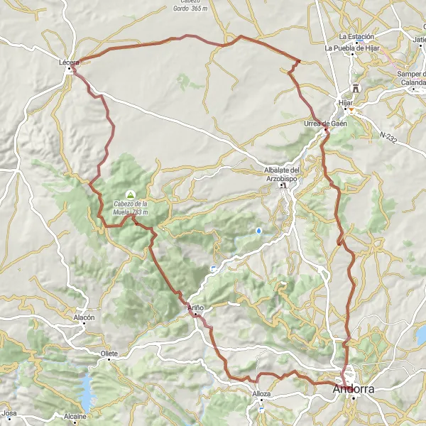 Miniatura della mappa di ispirazione al ciclismo "La Sfida di Ariño" nella regione di Aragón, Spain. Generata da Tarmacs.app, pianificatore di rotte ciclistiche