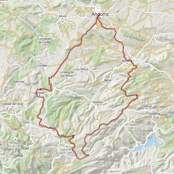 Miniatura della mappa di ispirazione al ciclismo "Giro in bicicletta di 102 km intorno ad Andorra" nella regione di Aragón, Spain. Generata da Tarmacs.app, pianificatore di rotte ciclistiche
