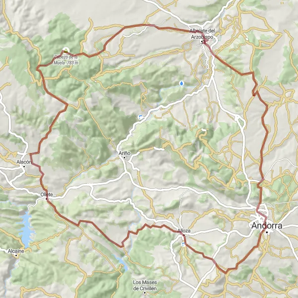 Miniatura della mappa di ispirazione al ciclismo "Tour in bicicletta tra Alloza e Albalate del Arzobispo" nella regione di Aragón, Spain. Generata da Tarmacs.app, pianificatore di rotte ciclistiche