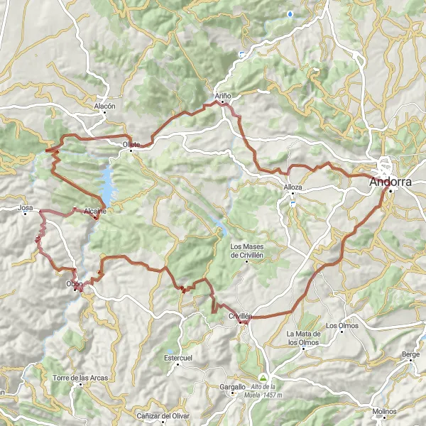 Miniatura della mappa di ispirazione al ciclismo "Tour Gravel Crivillén - Alcaine - Oliete - Ariño" nella regione di Aragón, Spain. Generata da Tarmacs.app, pianificatore di rotte ciclistiche