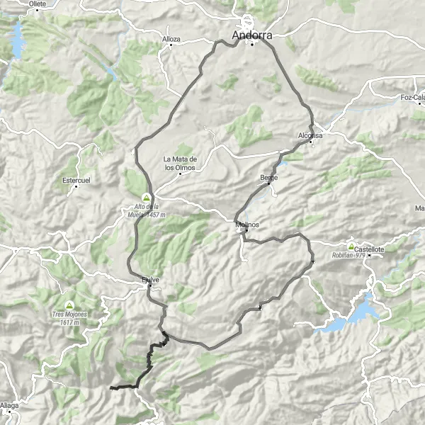 Miniatura della mappa di ispirazione al ciclismo "Avventura in bici da Andorra a Mirador de Alloza" nella regione di Aragón, Spain. Generata da Tarmacs.app, pianificatore di rotte ciclistiche