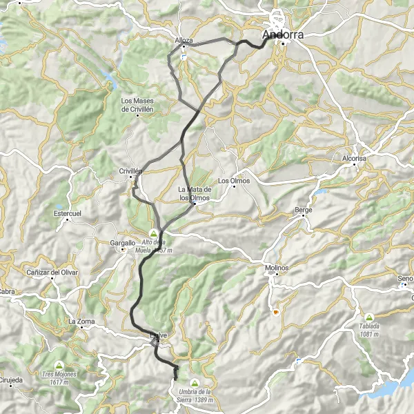 Miniature de la carte de l'inspiration cycliste "Route panoramique d'Alloza" dans la Aragón, Spain. Générée par le planificateur d'itinéraire cycliste Tarmacs.app