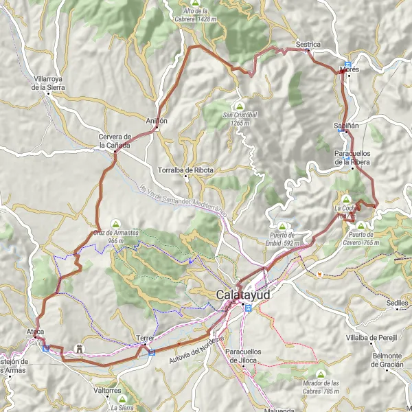 Miniatura della mappa di ispirazione al ciclismo "Percorso gravel di 80 km da Ateca" nella regione di Aragón, Spain. Generata da Tarmacs.app, pianificatore di rotte ciclistiche