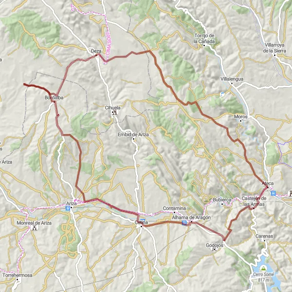 Miniatura della mappa di ispirazione al ciclismo "Viaggio in bicicletta tra Castejón de las Armas e Deza" nella regione di Aragón, Spain. Generata da Tarmacs.app, pianificatore di rotte ciclistiche