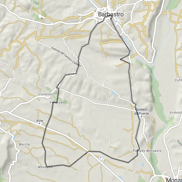 Map miniature of "Barbastro Loop Road Cycling Route" cycling inspiration in Aragón, Spain. Generated by Tarmacs.app cycling route planner