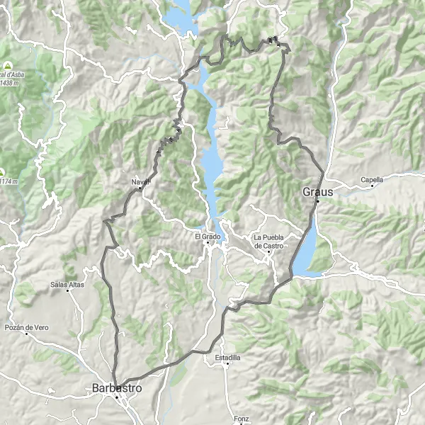 Miniaturní mapa "Horská silniční trasa kolem Barbastro" inspirace pro cyklisty v oblasti Aragón, Spain. Vytvořeno pomocí plánovače tras Tarmacs.app