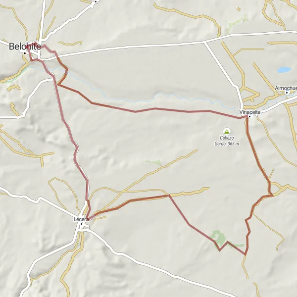Miniatuurkaart van de fietsinspiratie "Gravelroute van Belchite naar Belchite via Lécera" in Aragón, Spain. Gemaakt door de Tarmacs.app fietsrouteplanner
