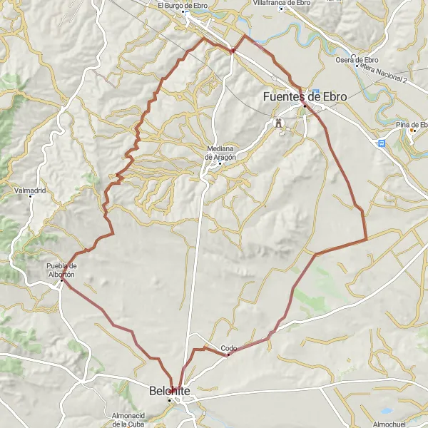 Miniatura della mappa di ispirazione al ciclismo "Gravel Road to Puebla de Albortón" nella regione di Aragón, Spain. Generata da Tarmacs.app, pianificatore di rotte ciclistiche