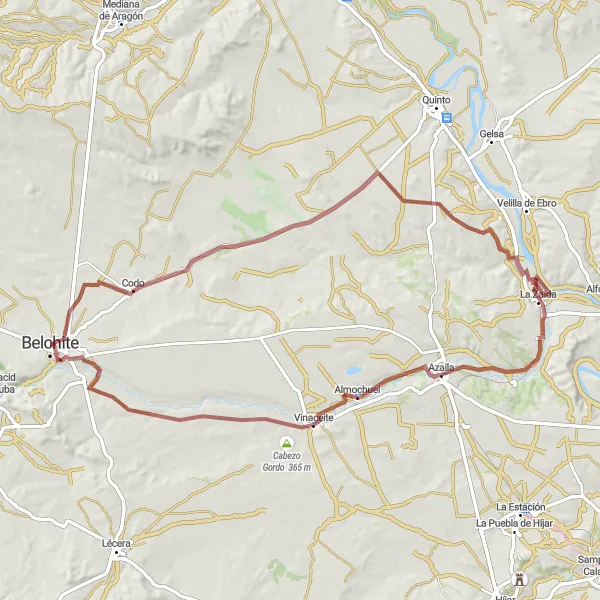 Miniatura della mappa di ispirazione al ciclismo "Senza tempo sulle strade sterrate da Belchite a La Zaida" nella regione di Aragón, Spain. Generata da Tarmacs.app, pianificatore di rotte ciclistiche