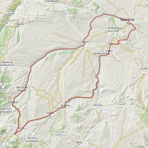 Miniatura della mappa di ispirazione al ciclismo "Traversata in mountain bike da Belchite a Villar de los Navarros" nella regione di Aragón, Spain. Generata da Tarmacs.app, pianificatore di rotte ciclistiche