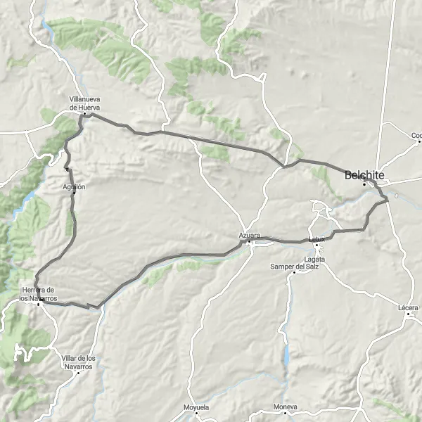 Karten-Miniaturansicht der Radinspiration "Belchite-Azuara-Herrera de los Navarros-Aguilón-Fuendetodos" in Aragón, Spain. Erstellt vom Tarmacs.app-Routenplaner für Radtouren