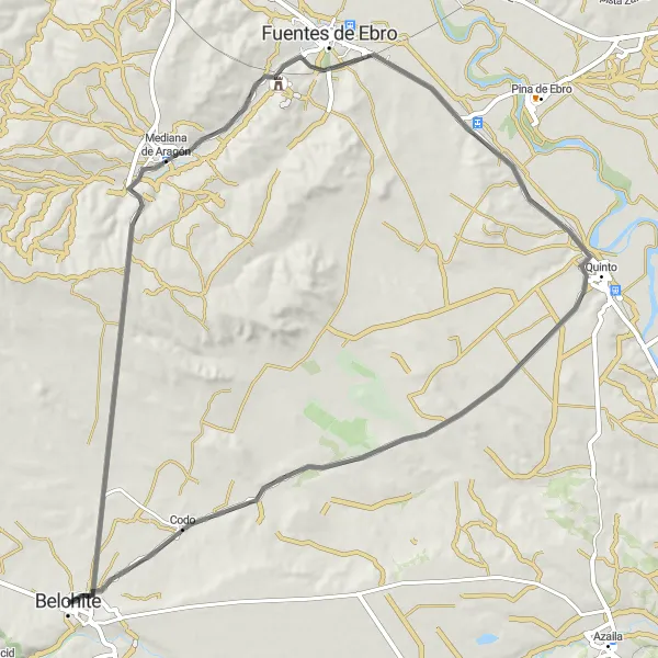 Map miniature of "Belchite to Codo Loop (Short Version)" cycling inspiration in Aragón, Spain. Generated by Tarmacs.app cycling route planner