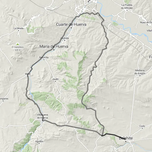 Miniatura della mappa di ispirazione al ciclismo "Road Ride to Fuendetodos" nella regione di Aragón, Spain. Generata da Tarmacs.app, pianificatore di rotte ciclistiche
