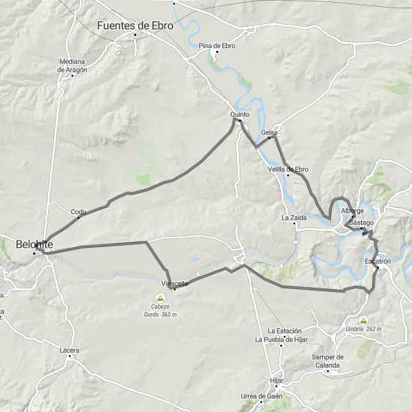 Map miniature of "Belchite to Codo Loop" cycling inspiration in Aragón, Spain. Generated by Tarmacs.app cycling route planner