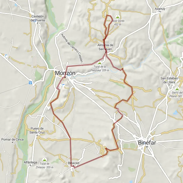 Miniatura della mappa di ispirazione al ciclismo "Esplorazione gravellata da Binaced a Monzón" nella regione di Aragón, Spain. Generata da Tarmacs.app, pianificatore di rotte ciclistiche