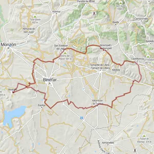Miniaturní mapa "Gravelová trasa kolem Binacedu" inspirace pro cyklisty v oblasti Aragón, Spain. Vytvořeno pomocí plánovače tras Tarmacs.app