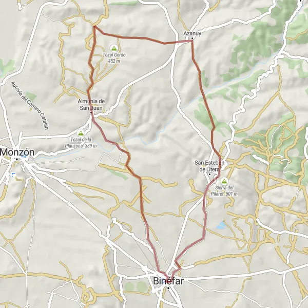 Miniatura della mappa di ispirazione al ciclismo "Giro in bicicletta attraverso Binéfar e dintorni" nella regione di Aragón, Spain. Generata da Tarmacs.app, pianificatore di rotte ciclistiche