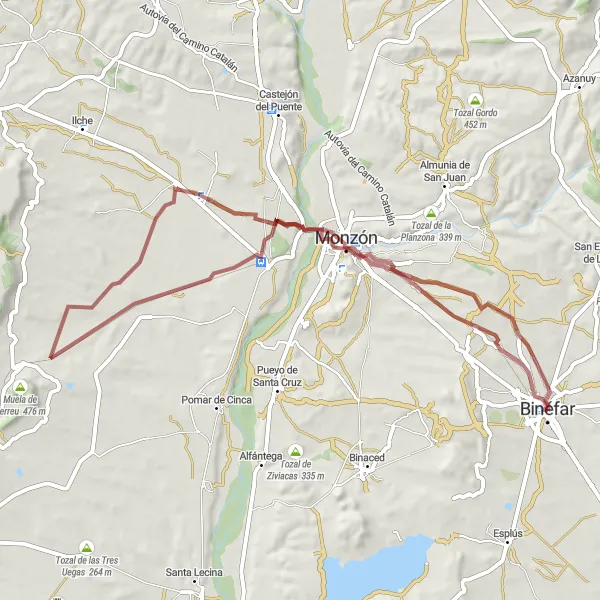 Map miniature of "Monzón and Castillo de Monzón" cycling inspiration in Aragón, Spain. Generated by Tarmacs.app cycling route planner