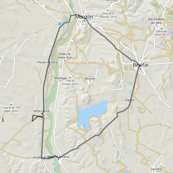 Miniatura della mappa di ispirazione al ciclismo "Tour in bicicletta tra Esplús e Monzón" nella regione di Aragón, Spain. Generata da Tarmacs.app, pianificatore di rotte ciclistiche