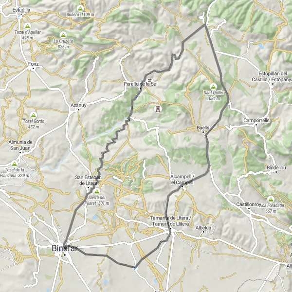 Miniature de la carte de l'inspiration cycliste "Parcours de route de 70 km à travers Tamarite de Litera" dans la Aragón, Spain. Générée par le planificateur d'itinéraire cycliste Tarmacs.app