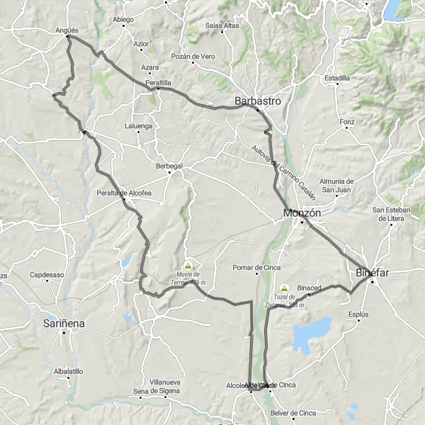 Miniature de la carte de l'inspiration cycliste "Randonnée à vélo de 153 km jusqu'à Binéfar" dans la Aragón, Spain. Générée par le planificateur d'itinéraire cycliste Tarmacs.app