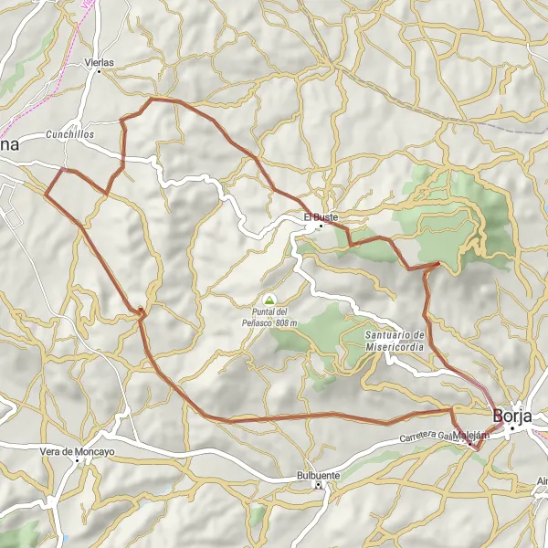 Miniature de la carte de l'inspiration cycliste "Circuit en gravel de Maleján à Borja" dans la Aragón, Spain. Générée par le planificateur d'itinéraire cycliste Tarmacs.app