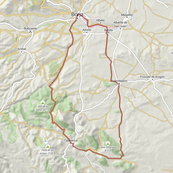 Miniatura della mappa di ispirazione al ciclismo "Gravel Palacio de los Condes de Bureta to Borja" nella regione di Aragón, Spain. Generata da Tarmacs.app, pianificatore di rotte ciclistiche