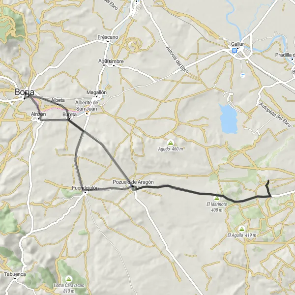 Miniatura della mappa di ispirazione al ciclismo "Road Fuendejalón to Borja" nella regione di Aragón, Spain. Generata da Tarmacs.app, pianificatore di rotte ciclistiche