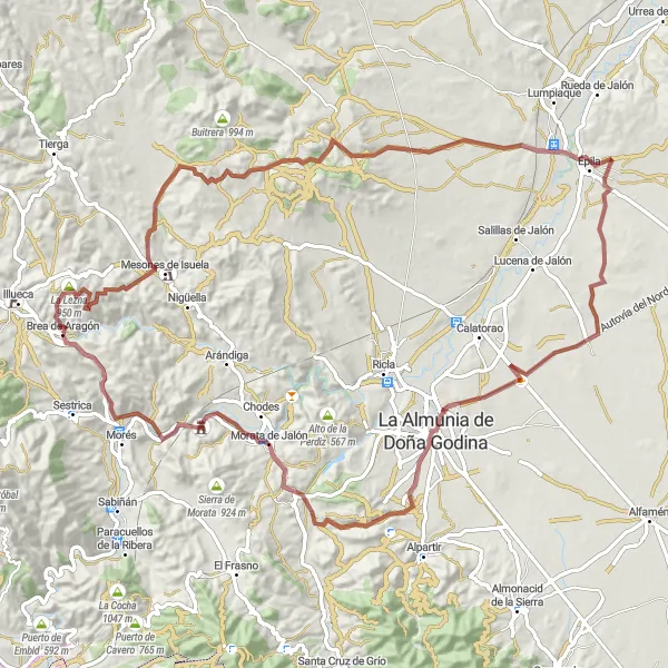 Miniatura della mappa di ispirazione al ciclismo "Percorso gravel panoramico" nella regione di Aragón, Spain. Generata da Tarmacs.app, pianificatore di rotte ciclistiche