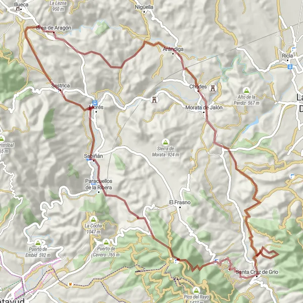Karten-Miniaturansicht der Radinspiration "Gravel Tour um Brea de Aragón" in Aragón, Spain. Erstellt vom Tarmacs.app-Routenplaner für Radtouren