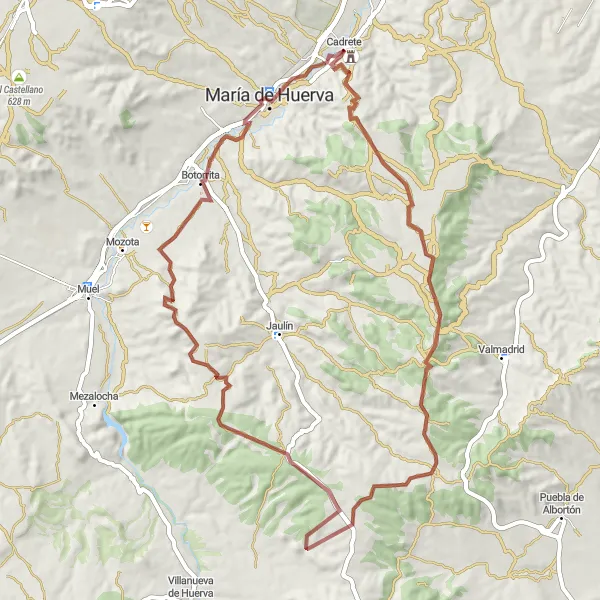 Miniatura della mappa di ispirazione al ciclismo "Percorso di 63 km in gravel nei dintorni di Cadrete" nella regione di Aragón, Spain. Generata da Tarmacs.app, pianificatore di rotte ciclistiche