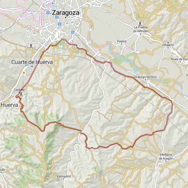 Map miniature of "Cadrete and Surroundings Gravel Tour" cycling inspiration in Aragón, Spain. Generated by Tarmacs.app cycling route planner