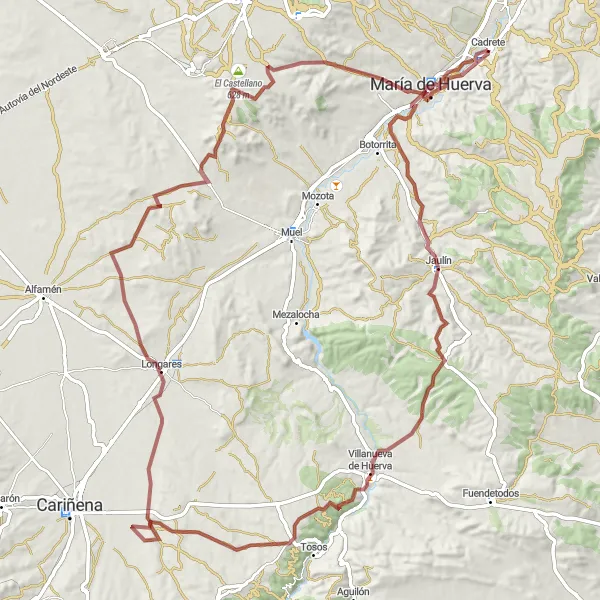 Miniature de la carte de l'inspiration cycliste "Défi gravel de Jaulín à El Castellano par Cadrete" dans la Aragón, Spain. Générée par le planificateur d'itinéraire cycliste Tarmacs.app