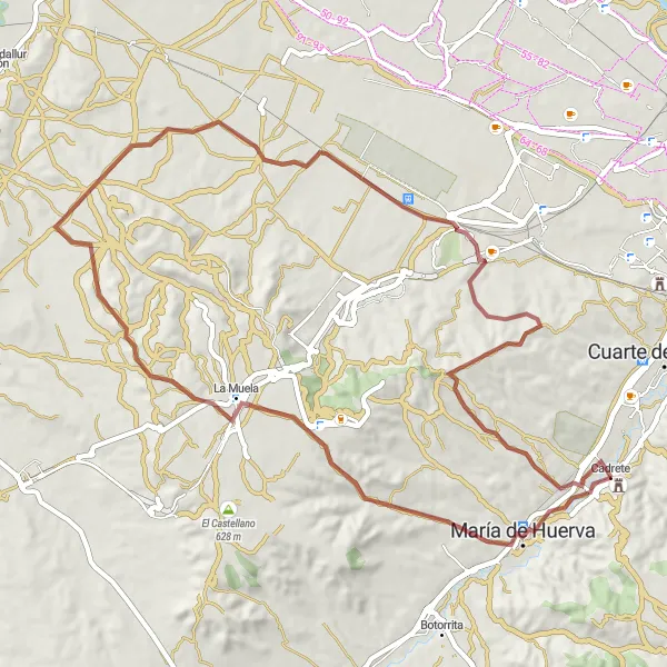 Miniatuurkaart van de fietsinspiratie "Scenic gravelroute van María de Huerva naar Cadrete" in Aragón, Spain. Gemaakt door de Tarmacs.app fietsrouteplanner