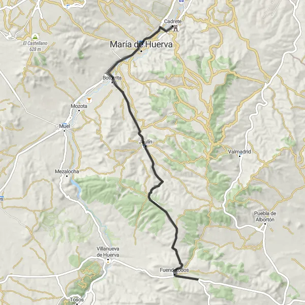 Miniatura della mappa di ispirazione al ciclismo "Giro Panoramico in Bicicletta da Cadrete a Cadrete" nella regione di Aragón, Spain. Generata da Tarmacs.app, pianificatore di rotte ciclistiche