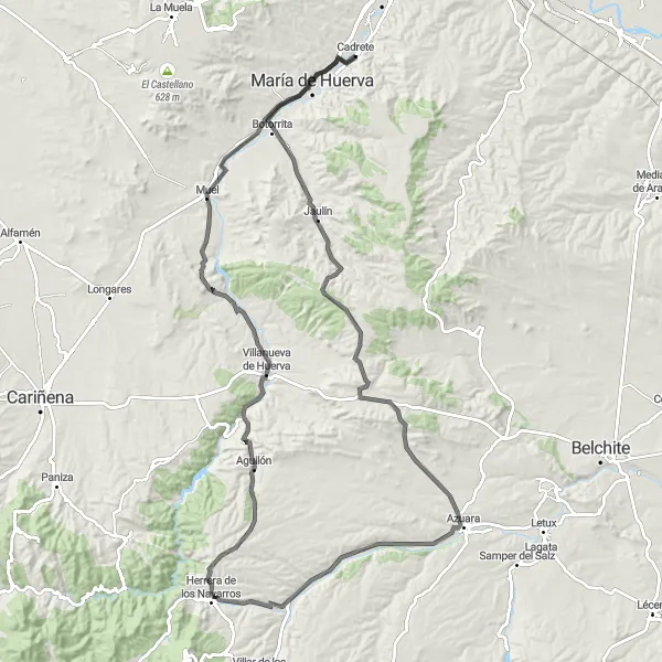 Map miniature of "Cadrete Grand Road Tour" cycling inspiration in Aragón, Spain. Generated by Tarmacs.app cycling route planner