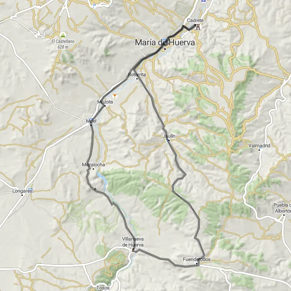 Miniatura della mappa di ispirazione al ciclismo "Giro in Bicicletta da Cadrete a Cadrete" nella regione di Aragón, Spain. Generata da Tarmacs.app, pianificatore di rotte ciclistiche